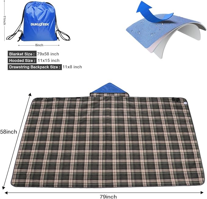 DUKUSEEK Outdoor Stadium Blankets with Hood, Fleece Blankets, Quilted, Extra Thick Fleece, Warm, Windproof, Sandproof, Includes Stuff Sack, Shoulder Strap