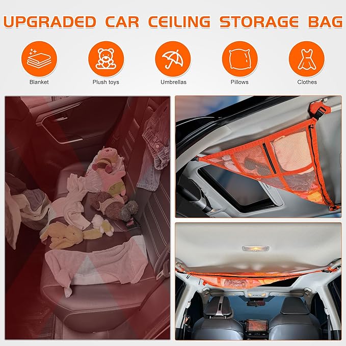 Kaskawise 3 Handles Car Ceiling Cargo Net for Inside Car Roof,Interior Mesh Storage,Truck SUV Travel Long Road Trip Camping Interior Accessories 35.4"x25.6",Orange