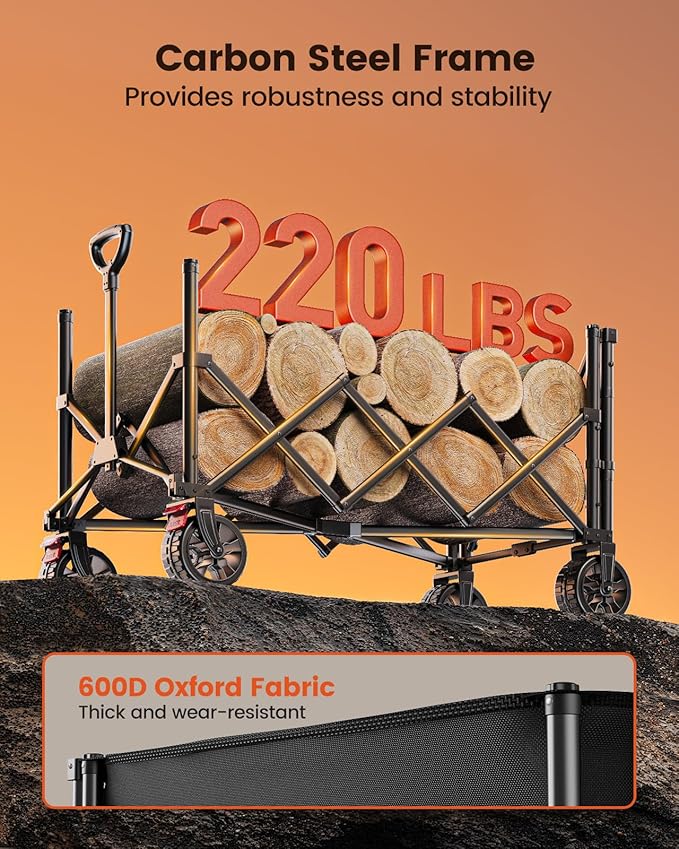 Wagon Cart Foldable, Collapsible Wagon with Expandable Storage, 150L Foldable Grocery Cart with 2 Cup Holders for Outdoor, Garden, Camping &Groceries