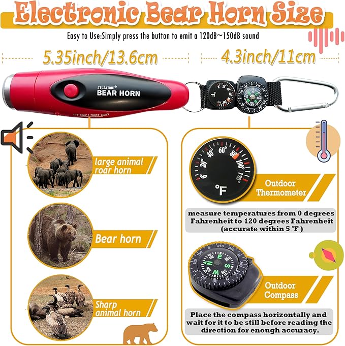 120dB Electronic Air Horn with Compass & Thermometer- Bear Horn to Scare Bears - Self Defense for Hiking