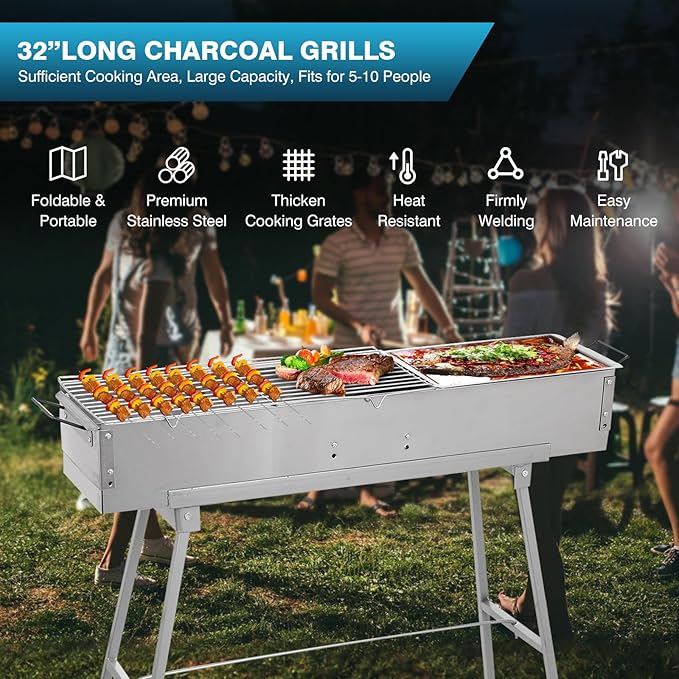 IRONWALLS Portable Charcoal Grills, L 32” x W 8” x H 31” Stainless Steel Folding Yakitori Grill with 25PCS 15” Kebab Skewers for Backyard Barbecue Outdoor Cooking Camping Hiking Picnic