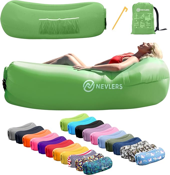 Nevlers Inflatable Lounger | 210T Polyester Inflatable Chair | No-Pump Blow Up Couch | Camping Couch Air Sofa Bed w/ 450 lbs. Cap., Pockets & Matching Bag | Use as Inflatable Couch for Adults & Kids