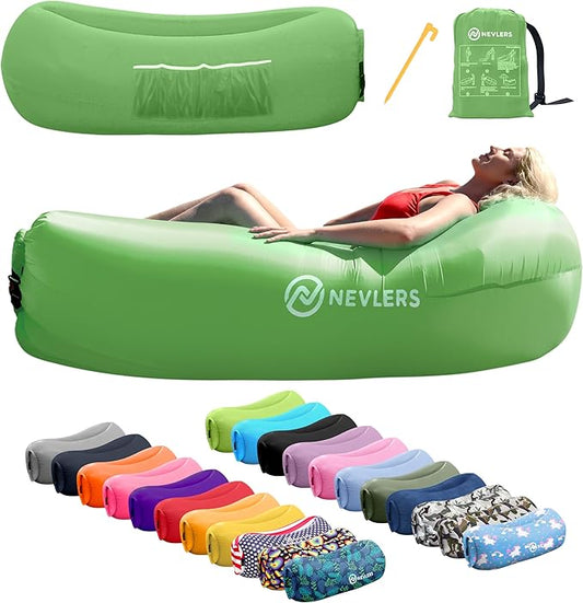 Nevlers Inflatable Lounger | 210T Polyester Inflatable Chair | No-Pump Blow Up Couch | Camping Couch Air Sofa Bed w/ 450 lbs. Cap., Pockets & Matching Bag | Use as Inflatable Couch for Adults & Kids