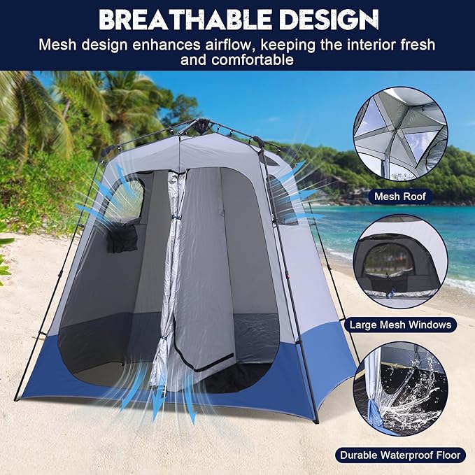 2-Room Camping Shower Tent, Instant Pop-up Privacy Shelter, Extra Large Changing Room & Toilet Tents with Ventilation, Portable Outdoor Shower with Rainfly & Floor for Dressing, Hiking, Beach, Fishing