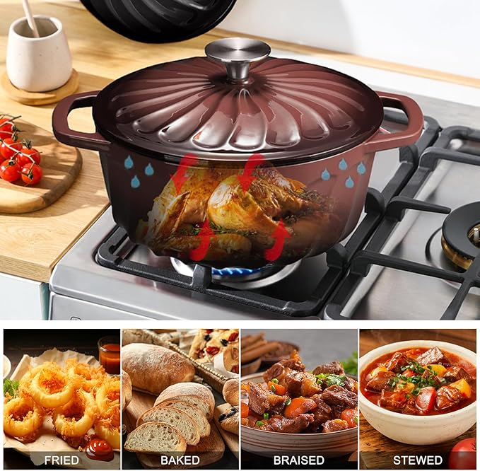 Enameled Cast Iron Dutch Oven with Lid, 3 QT Dutch Oven Pot for Bread Baking, Heavy Duty Cast Iron Pot for Braising, Cook, Bake, Oven Safe across All Cooktops (Brown,3 QT)