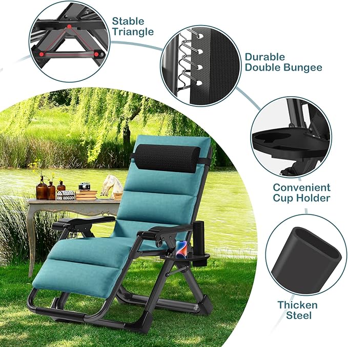 NAIZEA Padded Zero Gravity Chair, Folding Outdoor Lounge Chairs, Adjustable Reclining Camping Chairs with Cup Holder, Ergonomic Patio Lawn Chair for Balcony Beach Deck Yard