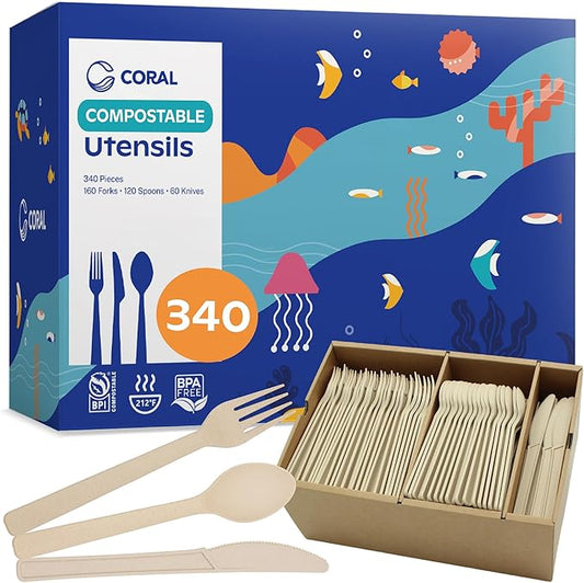 CORAL Light Brown 100% Compostable Silverware Set 340 Pieces - Heavy Duty 160 Forks, 120 Spoons, 60 Knives Bulk - Break Resistant with Smooth Edges, Ocean Friendly Alternative to Plastic Utensils