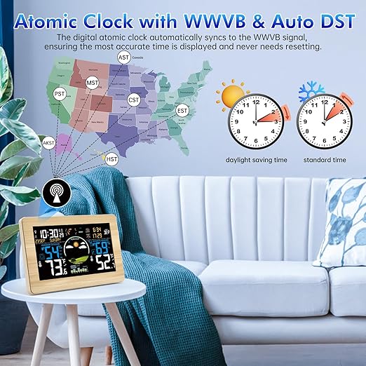 Weather Station Wireless Indoor Outdoor, Digital Thermometer, 7.5'' VA Display Home Weather Stations, Accurate Temperature Humidity Gauge with Weather Forecast, Atomic Clock,Khaki