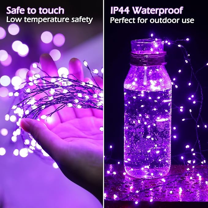Halloween Fairy Lights Plug in, 10Feet 200 LEDs Firecracker String Lights with Remote, Waterproof Cluster String Lights for Ceiling Bedroom Wreath Window Bar Haunted Theme Halloween Decoration, Purple
