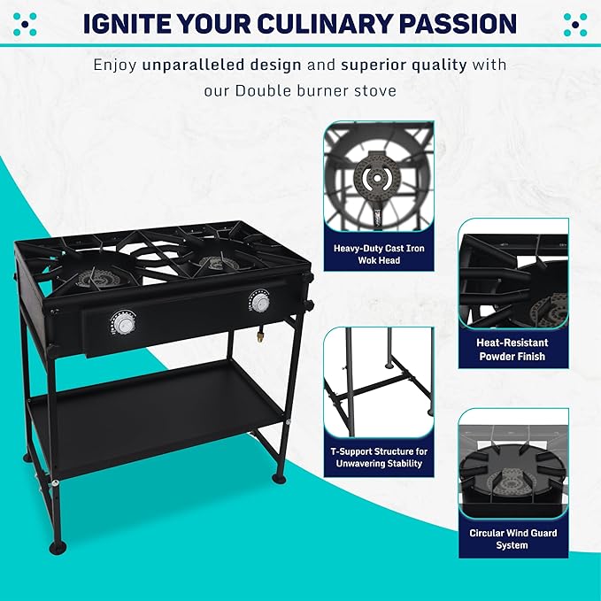 Double Burner Propane Stove Outdoor - 150,000 High btu 2 Burner Outdoor Stove W/Detachable legs & Bottom Shelf Double Propane Burners for Outdoor Cooking W/CSA-Approved 0-20 PSI Regulator & Hose
