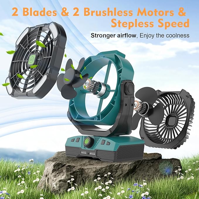 RUNTOP 20000mAh Camping Fan, Remote Control Oscillation Rechargeable Battery Operated Outdoor Tent Fan w/Hanging Hook, Stepless Speed Portable Fans Personal USB Desk Fan for Travel Beach Bedroom