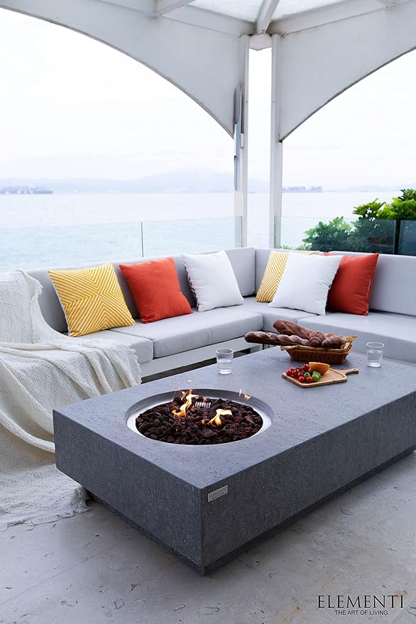 Elementi | Metropolis Gas Fire Pit Cast Concrete 56" Rectangular Fire Table, Outdoor Fire Pit Electronic Ignition | Canvas Cover, Lava Rock Included | Light Gray (Natural Gas)