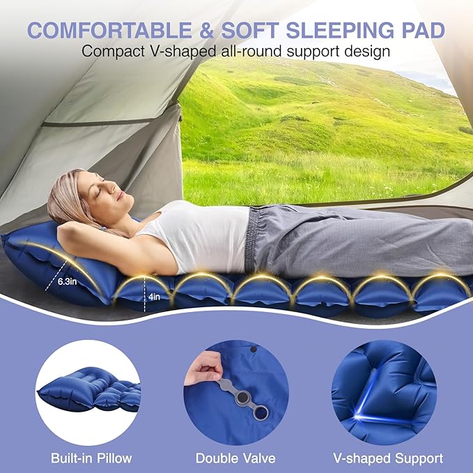 Camping Sleeping Pad, Ultralight Camping Mat with Pillow Built-in Foot Pump, 4" Thick Inflatable Sleeping Mat Compact for Backpacking, Hiking, Car Traveling, Camp Tent