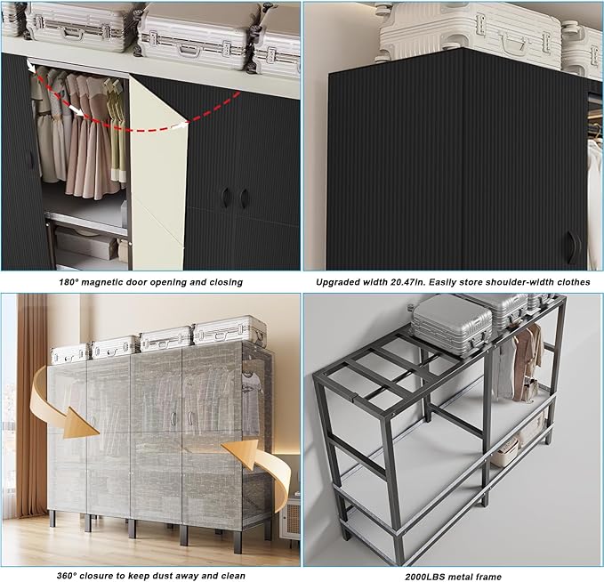 FPIGSHS Heavy Duty Clothes Rack with Magnetic Door 2000LBS Foldable Portable Wardrobe Closet for Hanging Clothing Rolling Garment Rack on Wheels for Bedroom Closet System (A（Black Door）, 49.2in)