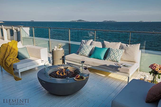 Elementi | Bundle Lunar Gas Fire Pit Cast Concrete 42" Round Fire Table, Outdoor Fire Pit Electronic Ignition | Canvas Cover, Lava Rock Included | Light Gray (Propane Gas)