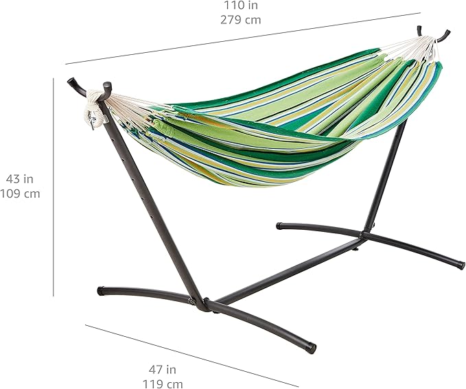 Amazon Basics Double Hammock with 9-Foot Space Saving Steel Stand and Carrying Case, 450 lb Capacity, Vigor Green, 110x47x43 inches