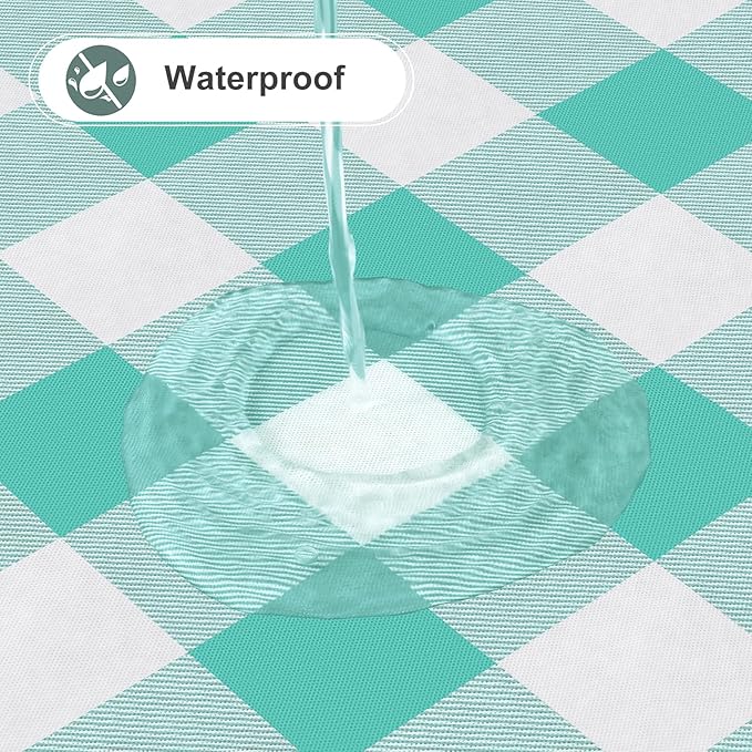 misaya Round Waterproof Vinyl Table Cloth, Buffalo Flannel Backed Tablecloth, Wipeable Plastic Table Cover for Dinner, Kitchen, Picnic (60", Teal and White)