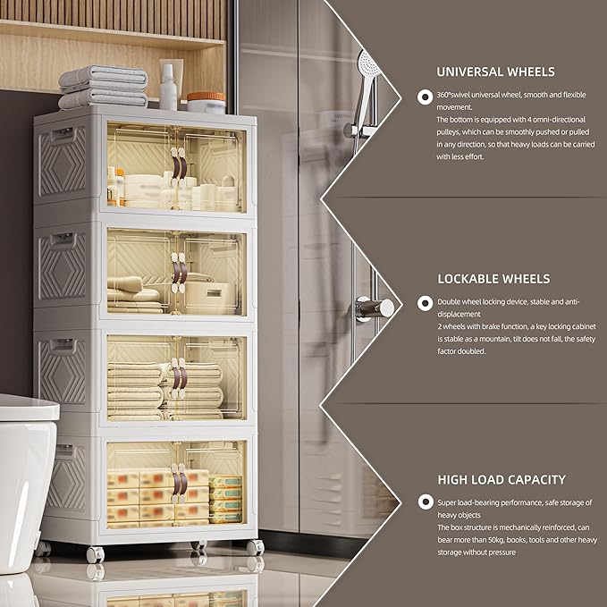 268 QT / 67 Gal White Storage Bins with 1 Lid - Collapsible Stackable Cabinet Organizer w/Wheels & Magnetic Doors, Plastic Storage Box for Office Closet Organization