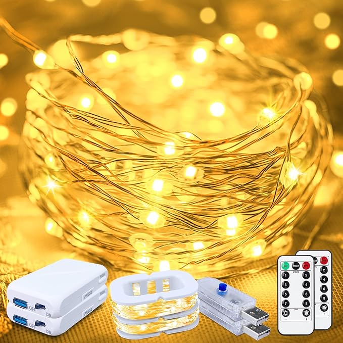 50LED Fairy Lights USB & Battery Powered 2Pack, 16FT Warm White Mini String Light with 8 Modes & Timer, Cuttable Copper Wire Waterproof Twinkle Light Indoor Outdoor for Bedroom Wedding Christmas Decor