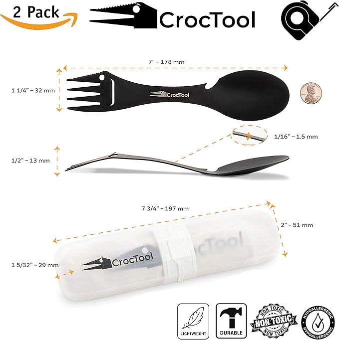 Spork Ultra Lightweight and Strong 5 in 1 Camping Utensil Set-Spoon+Fork+Knife+Peeler+Bottle Opener+Bag+Carry case. Ideal for Outdoors, Home or Office