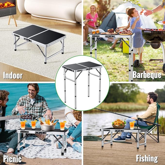 GARLLEN Folding Table, Adjustable Height Camping Table, Lightweight Portable Aluminum Picnic Table (22.8" L x 15.7" W (3 Height)) for Outdoor BBQ Dining Cooking