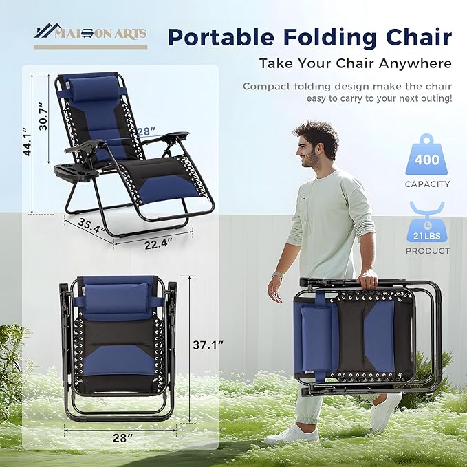 MAISON ARTS Oversized XXL Padded Zero Gravity Chair, Lawn Outdoor Lounge Chairs Set of 2, Foldable Recliners 28" Wide Seat Anti-Gravity for Patio Camping Poolside Yard, Support 400lbs, Blue & Black
