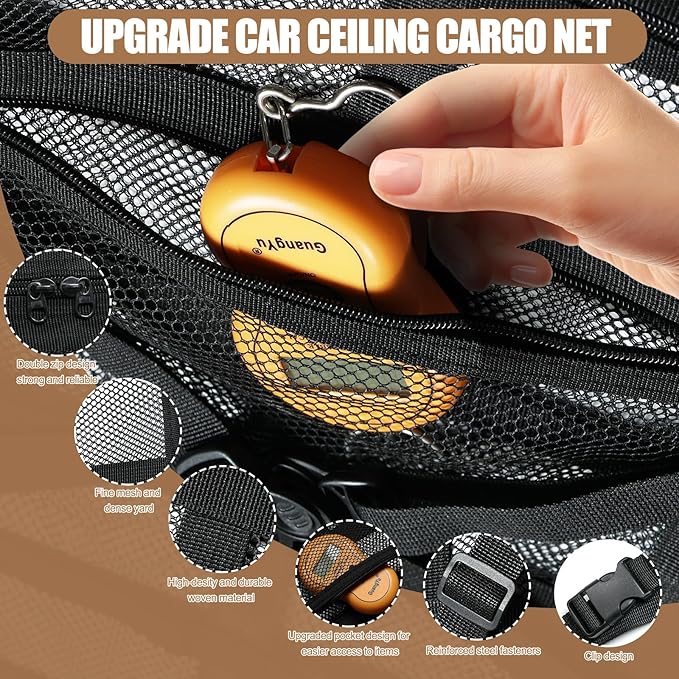 Universal Car Ceiling Cargo Net Pocket (20x31x37 Inch) - Overhead Storage Organizer for SUV, Truck, Camping & Road Trips - Durable Mesh Interior Accessories for Travel Gear