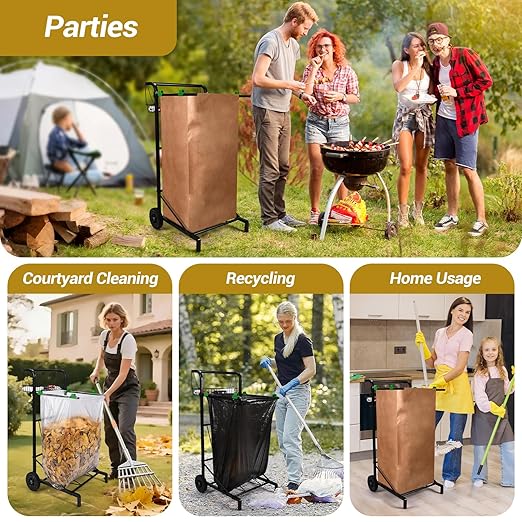 CAROD Upgraded Trash Bag Holder Cart with Storage Basket and Ergonomic Handle, Adjustable Outdoor Leaf Bag Holder from 30-45 Gallon Capacity, Ideal for Yard Clean-Up, Camping, Parties,Leaf Collection