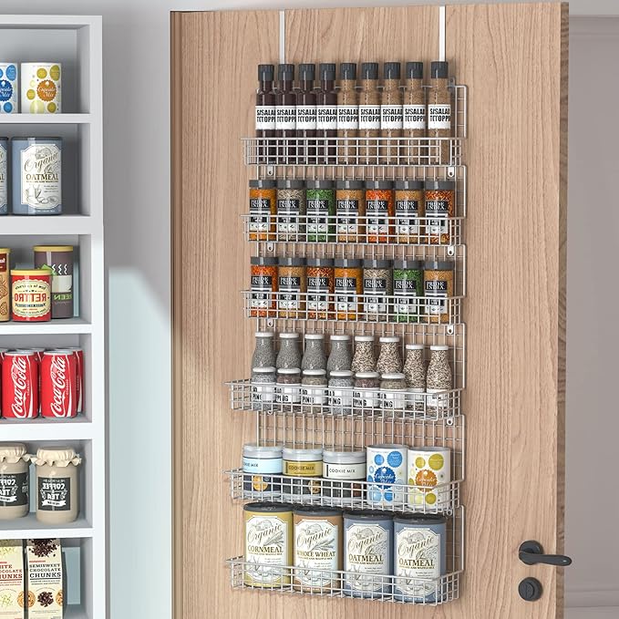 JKsmart Spice Rack Organizer 6-Tier Wall Mounted & Over the Door Spice Racks for Kitchen Pantry Bathroom,Two Size, Large Capacity, Silver
