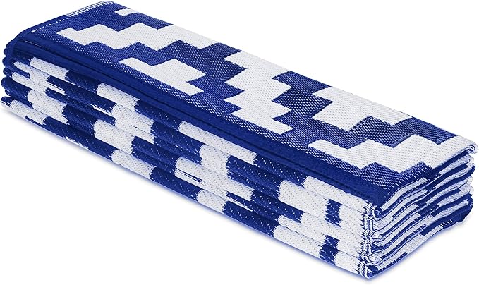 FH Home Outdoor Camping Rug - Waterproof, Fade Resistant, Reversible - Premium Recycled Plastic - Geometric - Large Patio, Deck, Sunroom, RV - Aztec - Blue & White - 9 x 12 ft Foldable