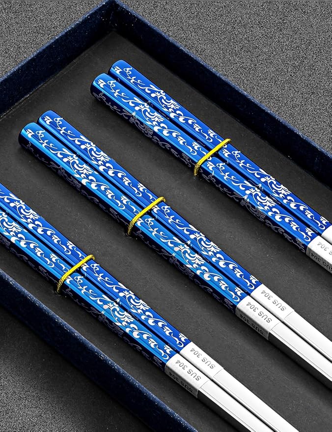 Metal Chopsticks Reusable, 3 Pairs Non-Slip Chop Sticks Reusable Dishwasher Safe, Titanium Plated Stainless Steel Chopsticks Present Set (Blue Silver)