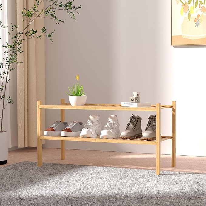2 Tier Bamboo Shoe Rack for Closet Free Standing Wood Shoe Shelf for Entryway Small Space Stackable 27"x11"x13" (Natural)