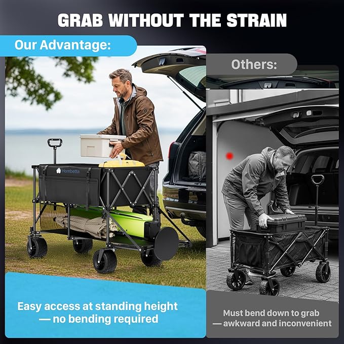 400L Folding Double Decker Wagon, 560LBS Heavy Duty Utility Cart with Brakes, Wagon Cart with Wheels Foldable, All-Terrain Big Wheels for Camping, Beach, Picnic, Outdoor Use, Black