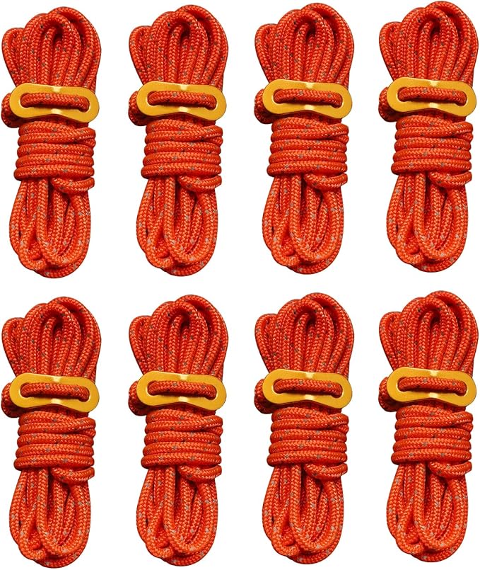8 Pack High-Reflective Guy Lines 4mm Tent Cords High-Strength Lightweight Camp Ropes with Aluminum Adjuster Tensioner for Tent, Tying Down Tarps, Camping, Outdoor Packaging (Orange)