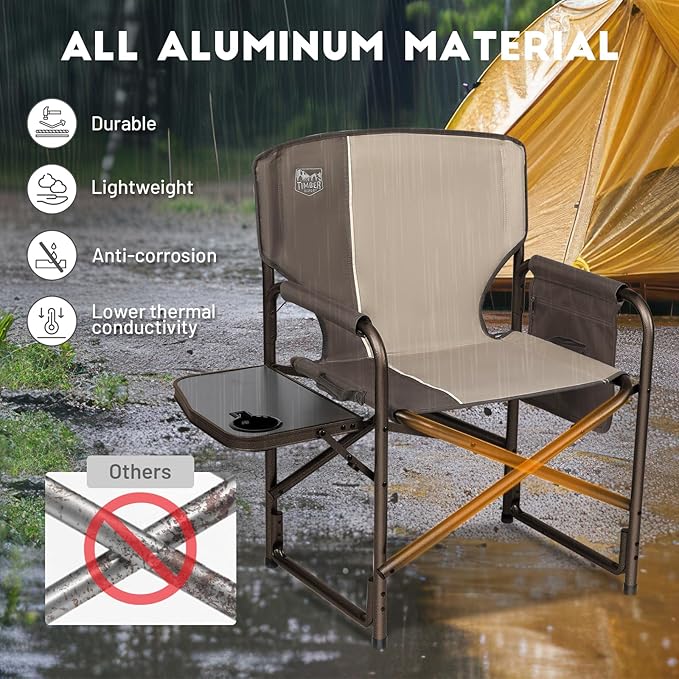 TIMBER RIDGE Aluminum Oversized Camping Chair, Lightweight Portable Directors Chair with Side Table Detachable Side Pocket for Outdoor Camping, Lawn, Picnic, Support 400lbs Tan 2 Pack