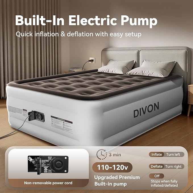 DIVON Full Air Mattress with Built in Pump Raised, 2 Min Self Inflatable Mattress, 18’’ Blow up Mattress for Adults, 660 LBS Portable Air Bed for Guest, Camping, Travel & Floor, Brown