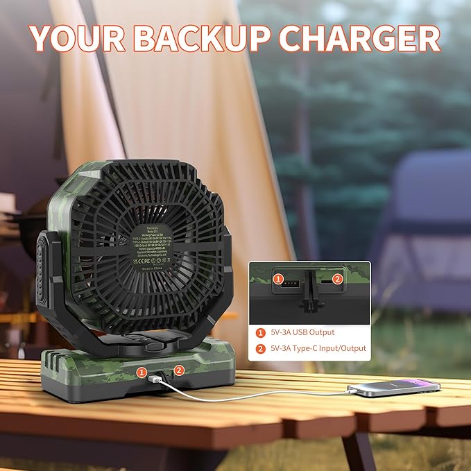 MORECORE 40000mAh Battery Operated Camping Fan with Light, 120HRS Running, Powerful 4 Speeds & Auto Oscillating, with Timer & Hook, for Travel Tent RV Emergency Hurricane Jobsite Garage-Camo Green
