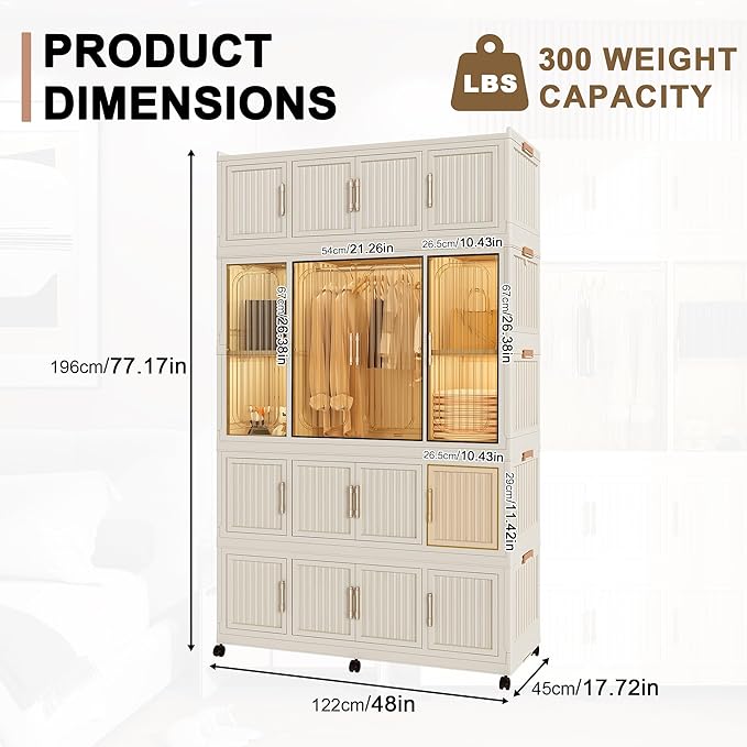 Portable Wardrobe Closet Storage Organizer, Plastic Collapsible Closet Organizer with Transparent Magnetic Door, for Living Room Bedroom,Easy Assemble,16 Cubes & 1 Hanging Rod