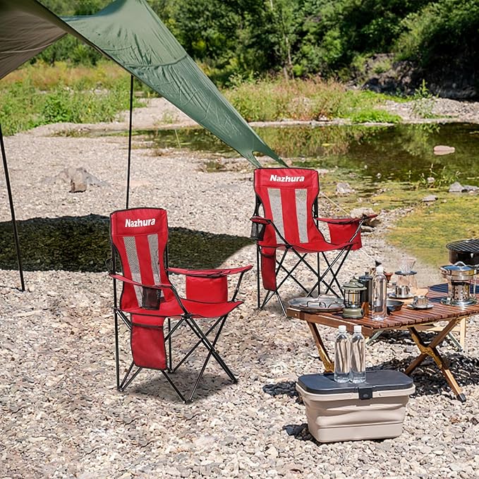 Nazhura 4 Pack Outdoor Camping Chairs Folding/Foldable/Portable with Cooler Pouch, Mesh Backrest and Cup Holder Pocket (Red, 4 Pack)