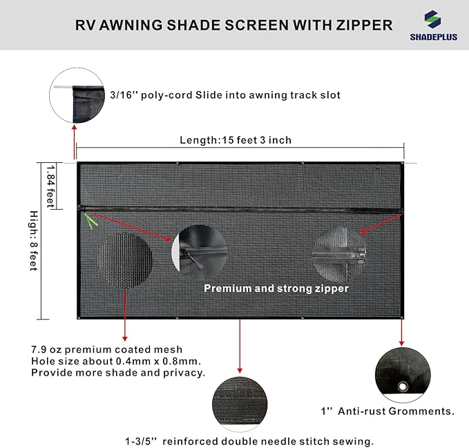 RV Awning Sun Shade Screen 8'x15'3''(Fit for 16' Awning),Black Mesh Shade Screen with Zipper,Universal Trailer Camper Awning Screen with Complete Kits,Improves Shadow and Privacy.