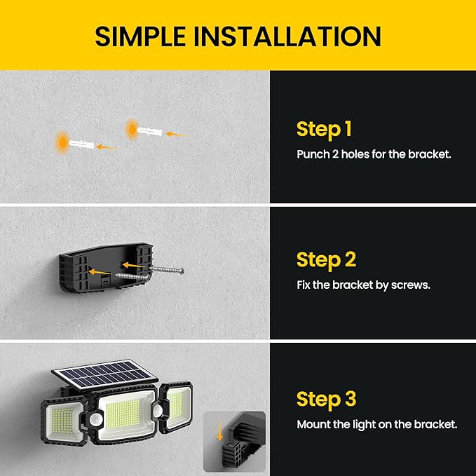 Solar Power Outdoor Light Lamp,[2 PCS] Day to Dusk Modes, 305 LED 3000LM 270° Wide Angle Motion Sensor Flood Light, 2200mAH High Capacity, Motion Lights for Outside, Yard, Patio, Pathway