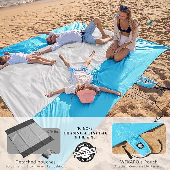 WEKAPO Beach Blanket Sandproof Waterproof, Extra Large Beach Mat, Oversized & Compact Sand Free Mat Quick Drying, Lightweight & Durable with 6 Stakes & 4 Corner Pockets