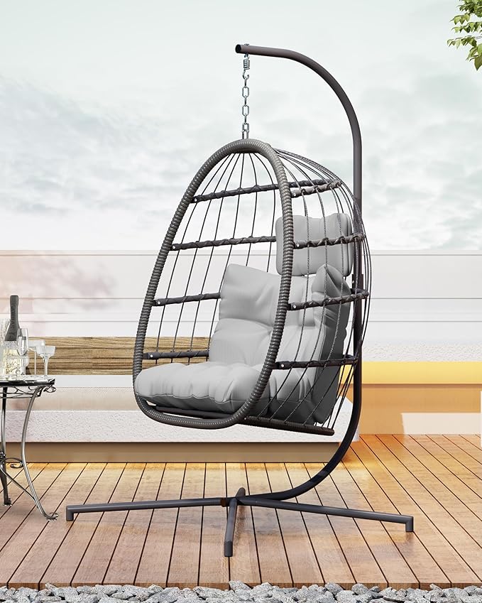 HWB Hanging Egg Chair with Stand, Swing Hammock Chair with Cushion for Indoor Outdoor, Patio Wicker Egg Swing Chair for Balcony Furniture, Light Gray