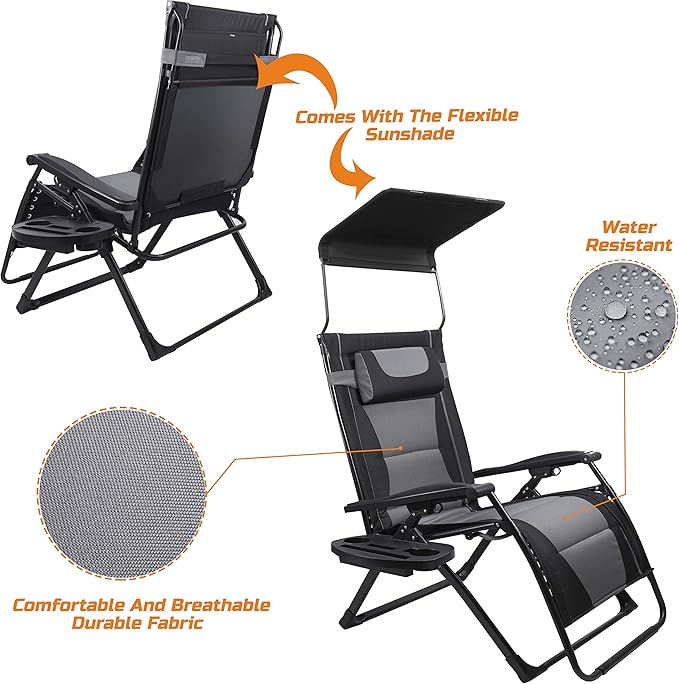XXL Oversize Recliner Folding Chair – Heavy Duty Zero Gravity Lounge Chair with Sunshade, Cup Holder Tray & Padded Seat – Extra Wide Reclining Patio Chair for Camping & Outdoors