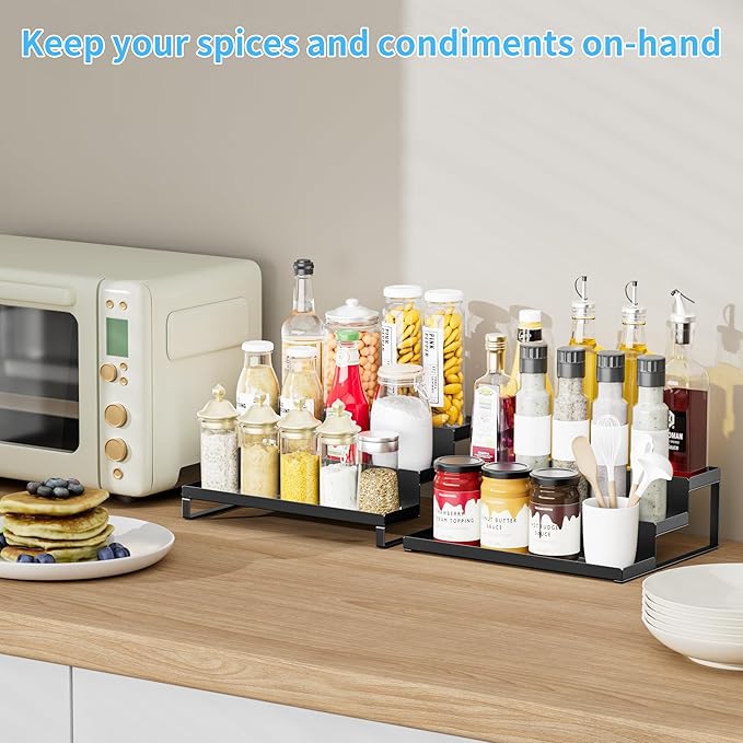 Spice Rack Organizer for Cabinet, Expandable 3 - Tiered Spice Rack, Metal Spice Organizer, Spice Shelf Organizer for Cabinet, Countertop, Pantry, Cupboard, Black