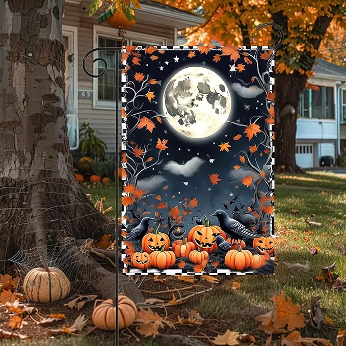 Halloween Garden Flag for Outside 12x18 Inch Double Sided, Crow Pumpkin Small Yard Flags for Outside, Outdoor Welcome Flag Front Porch Decorations for Home