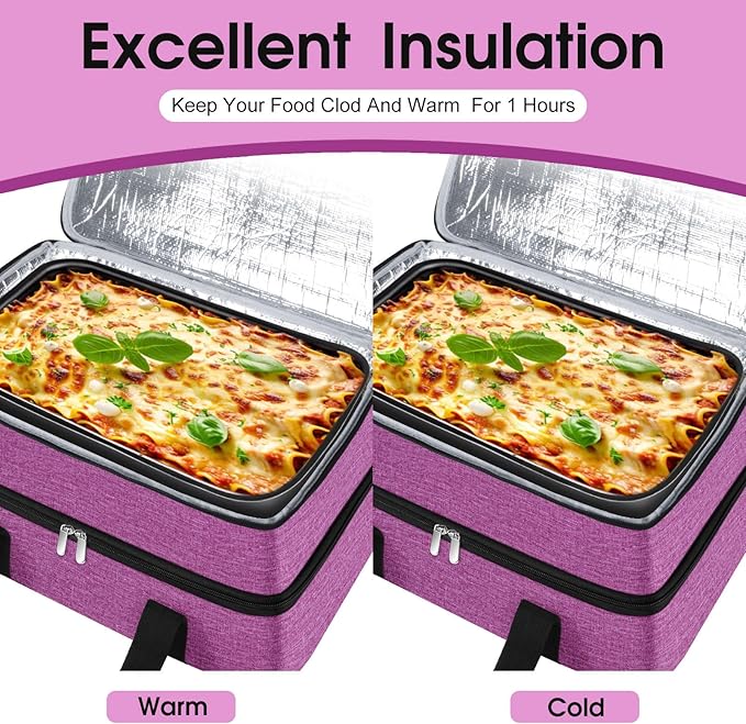 Double Insulated Casserole Carrier, Portable Casserole Carrier for Hot or Cold Food Lunch Tote Warmer or Cooler Bag, Lasagna Lunch Bag for Potluck Parties- Fits 9" x 13" Baking Dish-Rose Purple