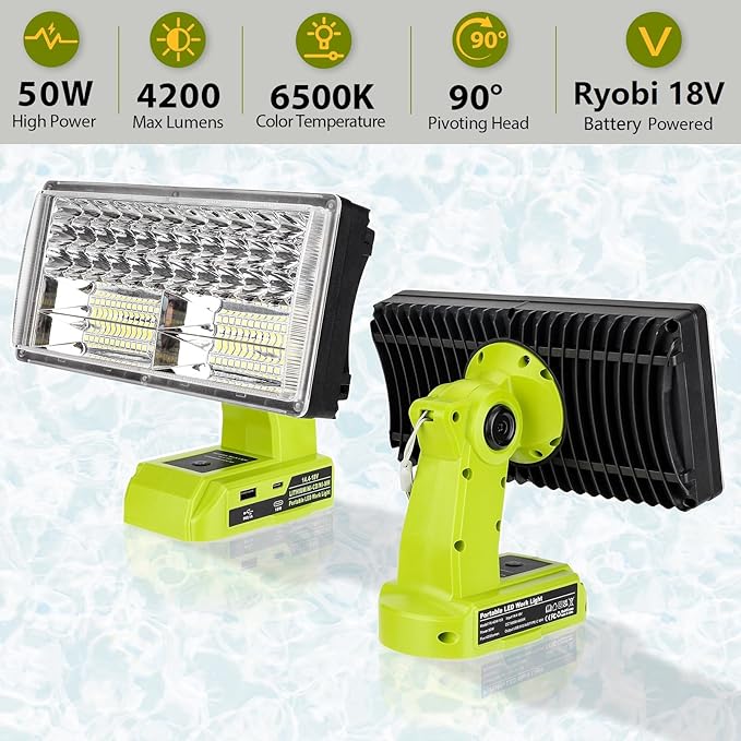 50W 4200LM Cordless LED Work Light for Ryobi One 18V Battery Portable Flood Lights for Outdoor Indoor Workshop Job Site, Floodlight & Spotlight Modes/Pivoting Head/USB Port(No Battery)
