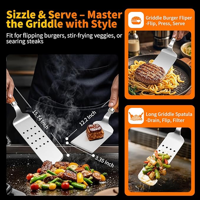 16 Inch Grilling Accessories Set, Heavy Duty Stainless Steel BBQ Accessories Tools and Grill Accessories for Outdoor Grill with Spatula, Fork, & Tongs - Grilling Gifts for Men Women Father