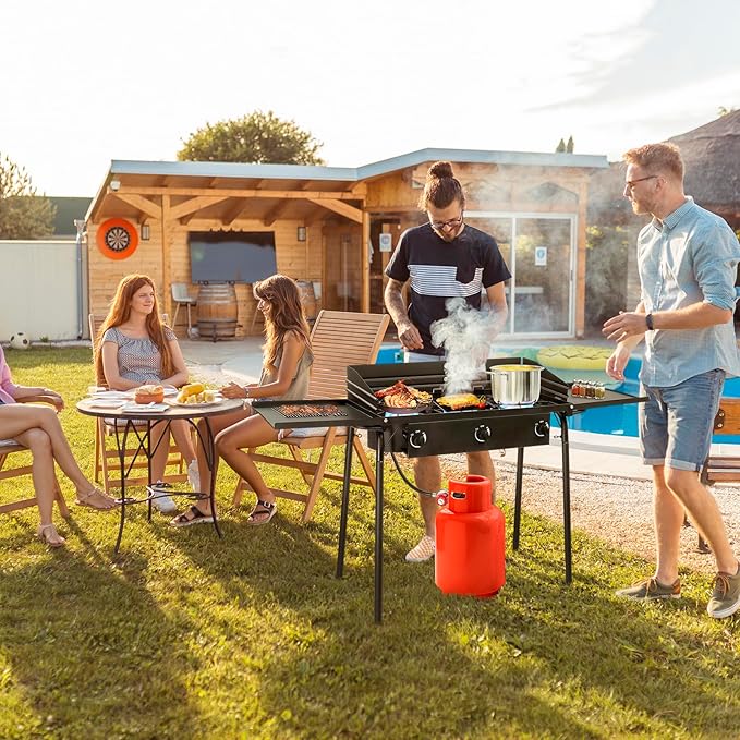 Bonnlo 3 Burners Propane Gas Stove, 225,000 BTU Portable Outdoor Camp Cooker Stove with Regulator, Side Shelves, Foldable Windpanel, Adjustable Height & Carrying Bag for Backyard, Camping, Tailgating